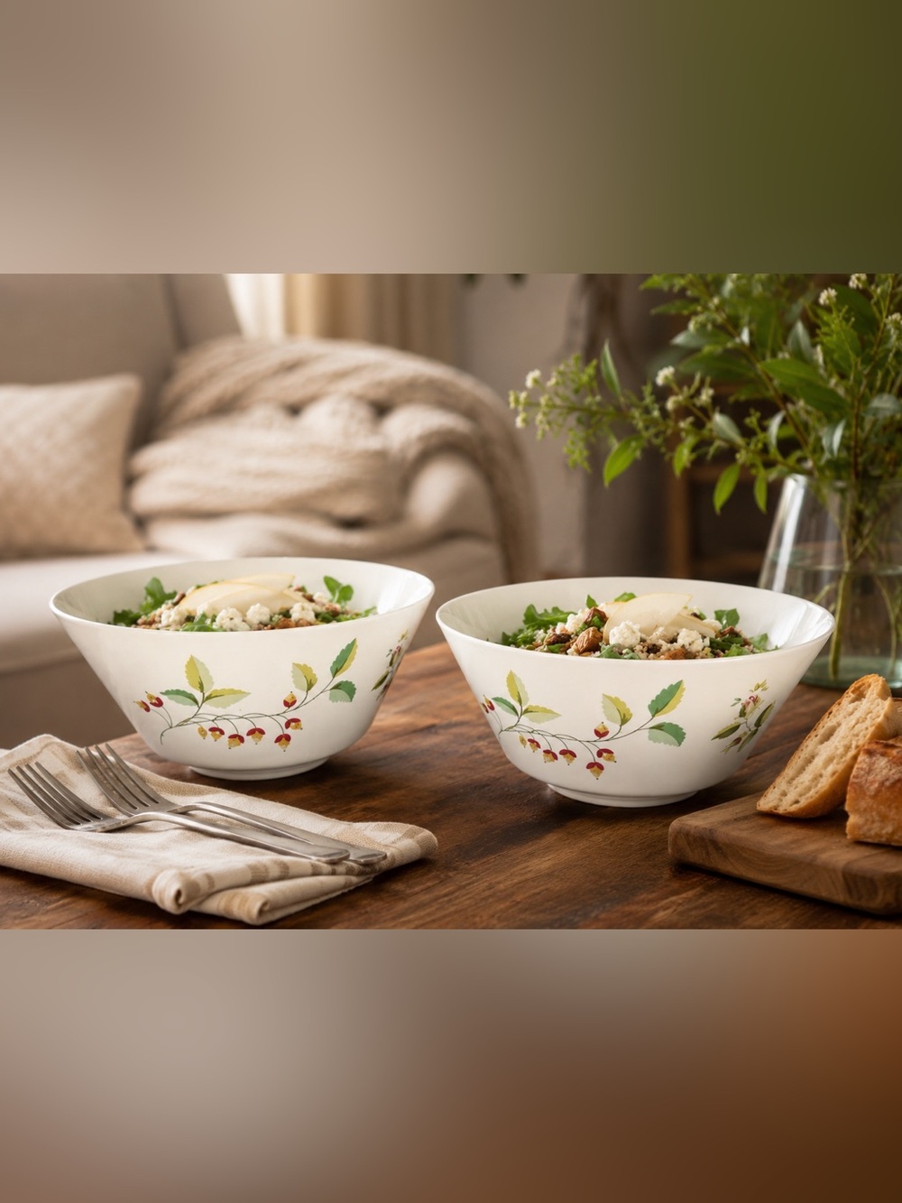Beautiful Minimalist Martha Stewart 2 White Serving Bowls floral w/ Leaf Pattern